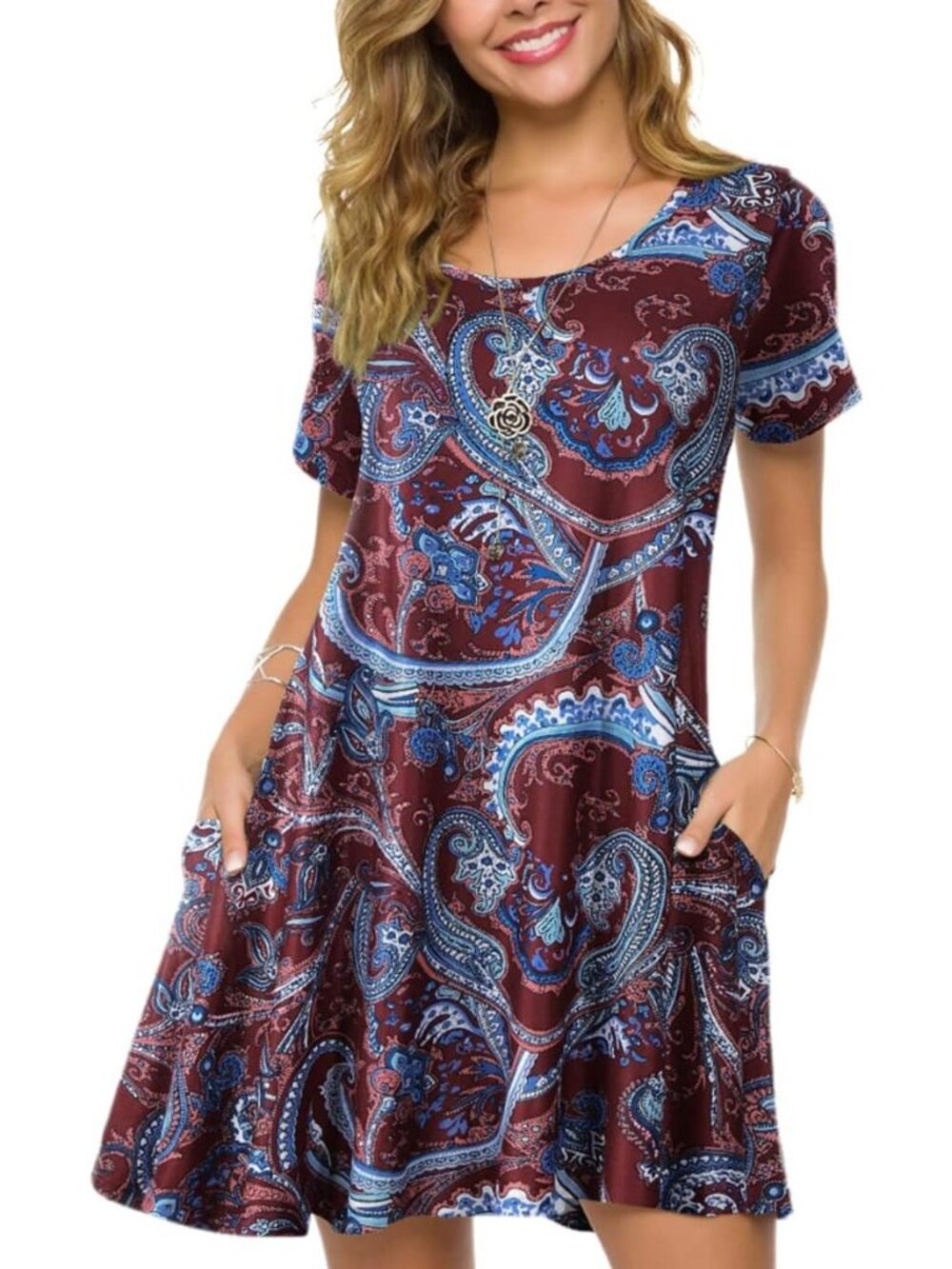 Zennilo Dark Red Blue Paisley Print Short Sleeve Swing Dress Pockets Size 2X